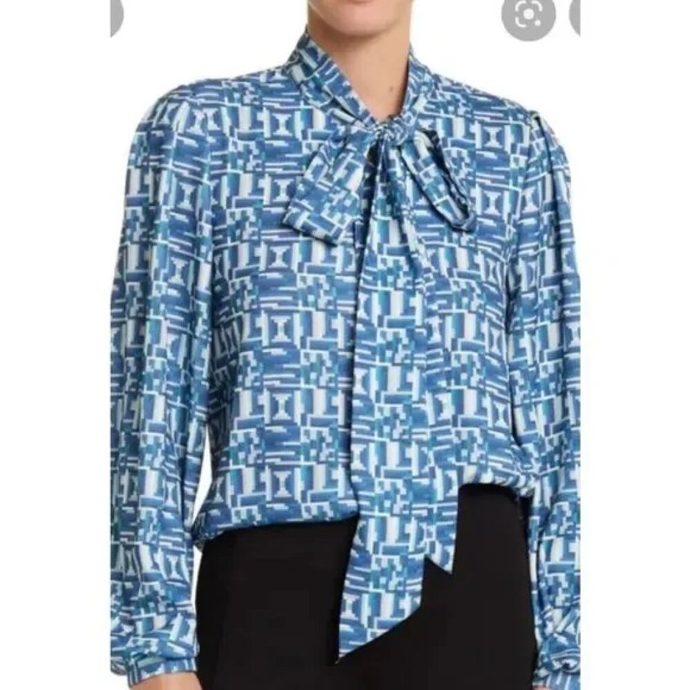 New Toccin Blue Geometric Printed Lantern Tie Neck Blouse $295